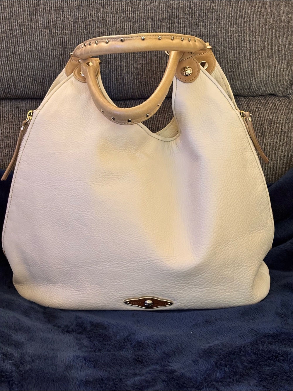 Elliott Lucca Genuine Leather Convertible Hobo Cream Gold Side Zip Studded